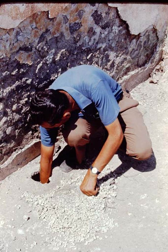 II.5 Pompeii, 1968. Digging out the lapilli from the buried amphora. Photo by Stanley A. Jashemski.
Source: The Wilhelmina and Stanley A. Jashemski archive in the University of Maryland Library, Special Collections (See collection page) and made available under the Creative Commons Attribution-Non Commercial License v.4. See Licence and use details.
J68f0907