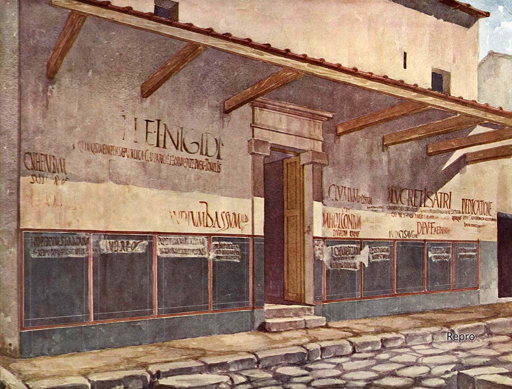 III.2.1 Pompeii. Painting, pre-1943 bombing, of front wall showing original graffiti.
DAIR Repro_500006,02. Photo courtesy of DAI Rome, whose copyright it remains. 
See http://arachne.uni-koeln.de/item/marbilder/3798284
