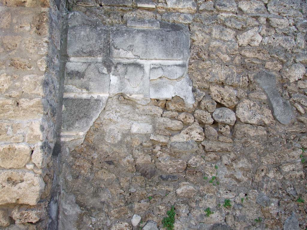 V.3.8 Pompeii. March 2009.
Tablinum with two windows. South-west corner and west wall with remains of 1st-Style (first style) decoration.