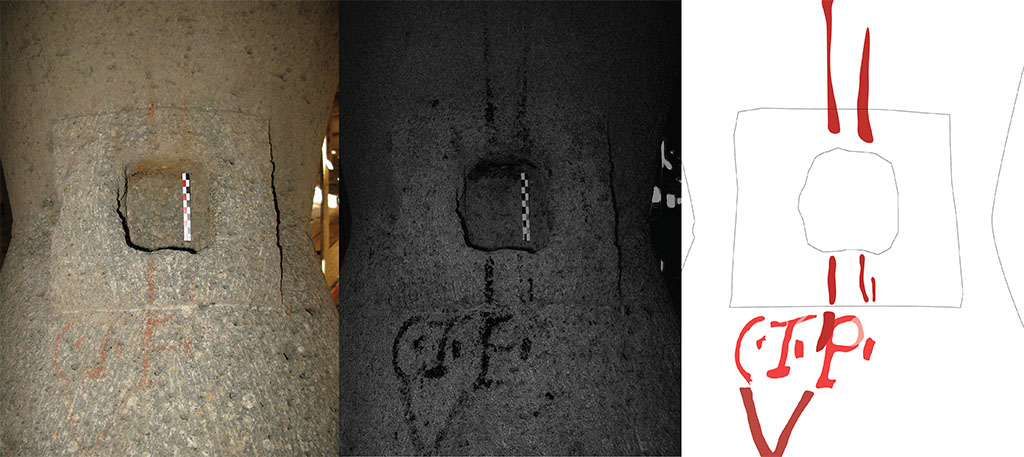 Fig. 20 - Pompéi Pistrina. Catillus dans la boulangerie des Chastes amants.
De gauche à droite : cliché initial ; cliché dont la balance des couleurs a été numériquement modifiée pour faire ressortir les rouges, passé en noir et blanc ; schéma d’interprétation du second cliché.
Cliché / DAO : N. Monteix / ÉfR.