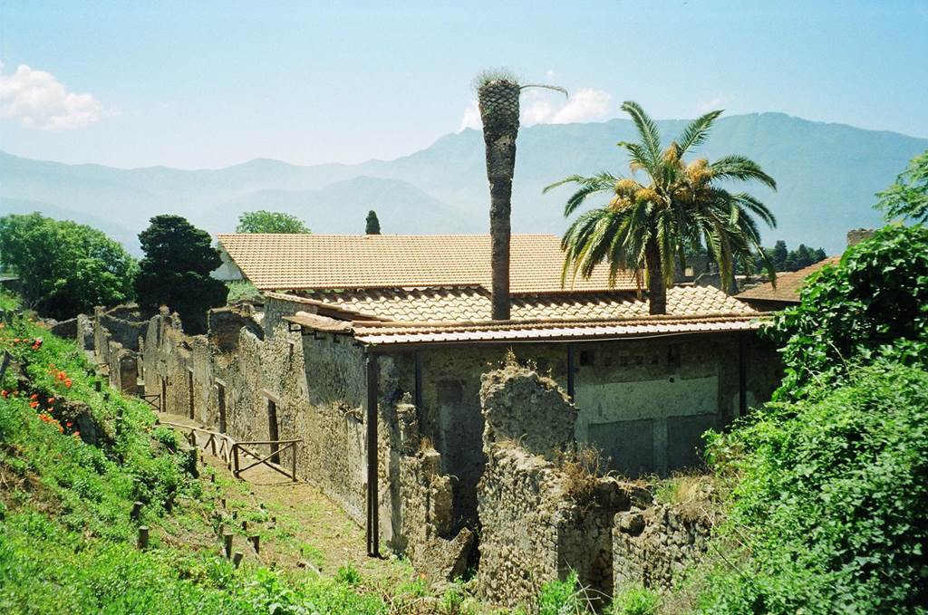 V.4.12/13 Pompeii, on right. May 2010. Looking south along the west side of Vicolo dei Gladiatori. Photo courtesy of Rick Bauer.