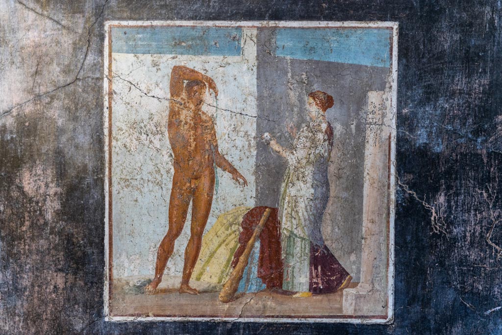 V.4.a Pompeii. January 2023.
Room ‘g’, central wall painting from west wall of cubiculum on south side of atrium. Photo courtesy of Johannes Eber.