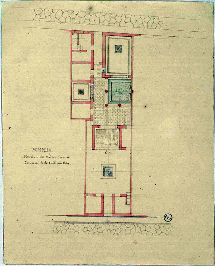 VI.2.16 Pompeii. Plan of house, including flooring.
The main entrance at VI.2.16 is the lower one. The rear entrance at VI.2.21 is the upper one.
See Lesueur, Jean-Baptiste Ciceron. Voyage en Italie de Jean-Baptiste Ciceron Lesueur (1794-1883), pl. 10.
See Book on INHA reference INHA NUM PC 15469 (04) « Licence Ouverte / Open Licence » Etalab