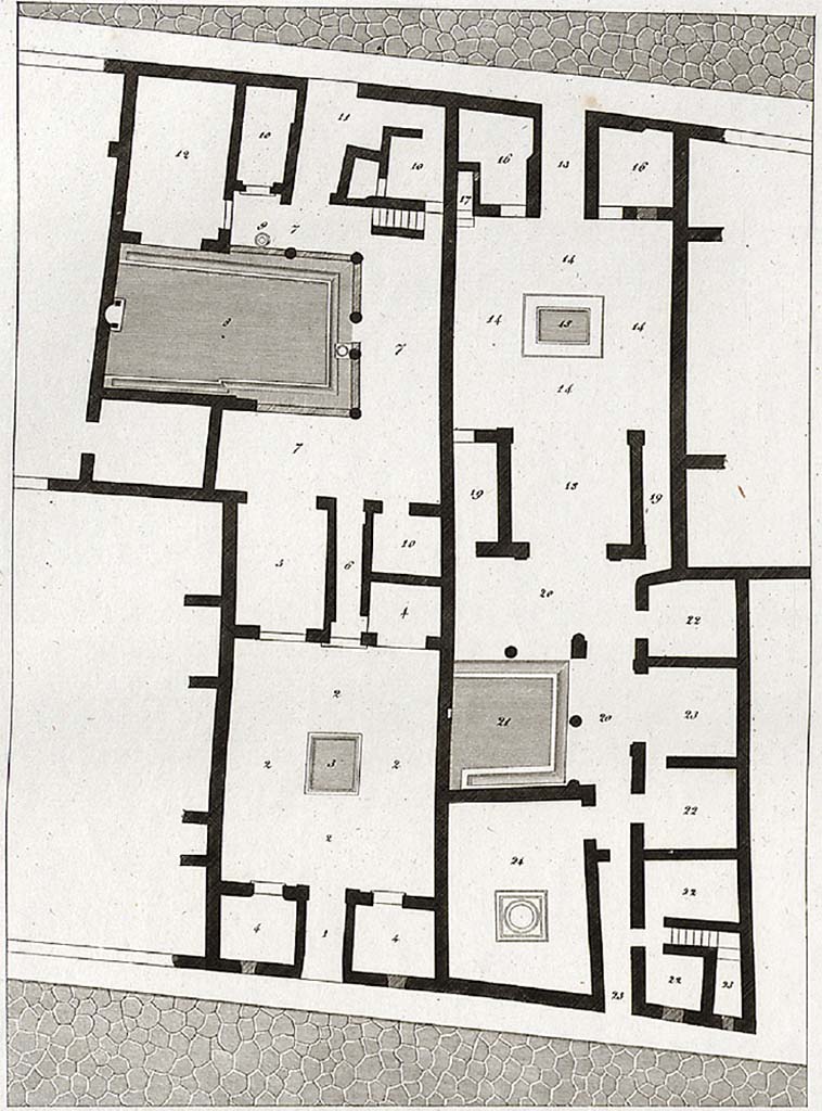 VI.2.16 Pompeii. 1824 plan by Mazois. Entrance VI.2.16 is at the top of the right-hand house.
VI.2.21 is at the bottom of the same house. VI.2.22 is the entrance of the left-hand house.
See Mazois, F., 1824. Les Ruines de Pompei : Second Partie. Paris : Firmin Didot, Planche XXIV.