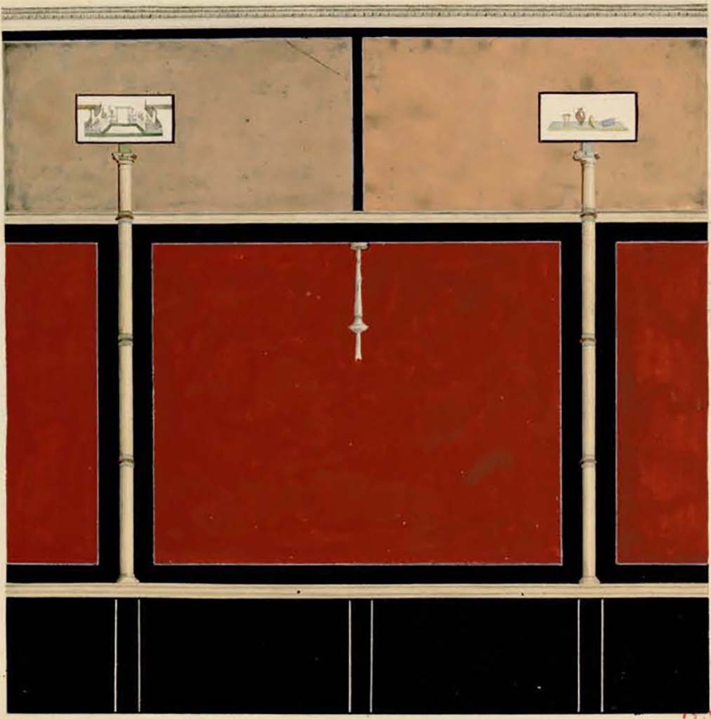 VI.2.16 Pompeii. 1 July 1832. Painting of atrium wall, described as III Candelabra Style, painted by Charles Auguste Questel.
The middle zone was sub-divided into wide red panels separated by narrow black compartments in front of which were painted narrow columns. The zoccolo was painted black.
The upper zone was painted white with paintings of gardens and various votive objects.
The wide red panels were also crossed by candelabra, (note these were absent in the reproduction of this room by Mazois.)
See Charles-Auguste Questel (1807-1888) Voyage en Italie et Sicile. Août 1831 - novembre 1832, pl. 37/120.
INHA identifiant numérique: NUM MS 512. Document placé sous « Licence Ouverte / Open Licence » Etalab
