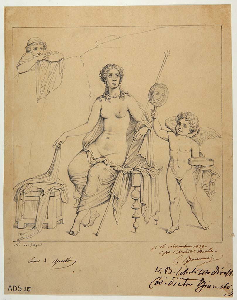 VI.7.23 Pompeii. Pen and ink drawing by Nicola La Volpe, 26th November 1838, showing the Toilet of Venus from central panel of south wall of tablinum. 
Now in Naples Archaeological Museum. Inventory number ADS 215.
Photo © ICCD. http://www.catalogo.beniculturali.it
Utilizzabili alle condizioni della licenza Attribuzione - Non commerciale - Condividi allo stesso modo 2.5 Italia (CC BY-NC-SA 2.5 IT)
