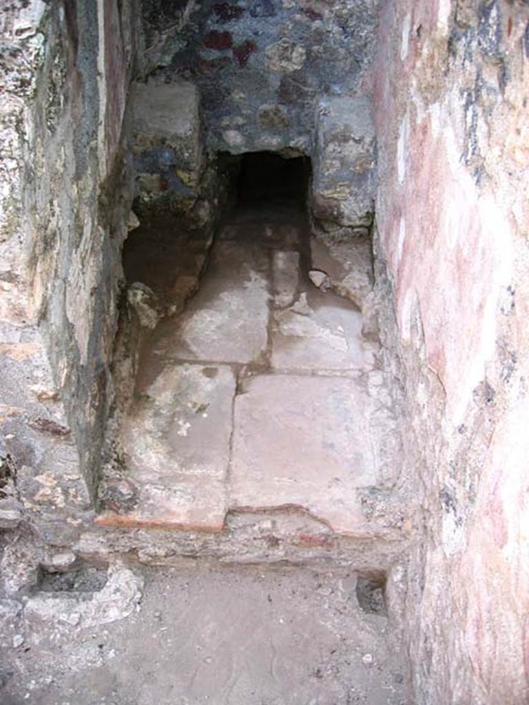 VI.7.23 Pompeii. July 2005. Latrine, after cleaning. Note the slots for the doorframe. Photo courtesy of Barry Hobson.
