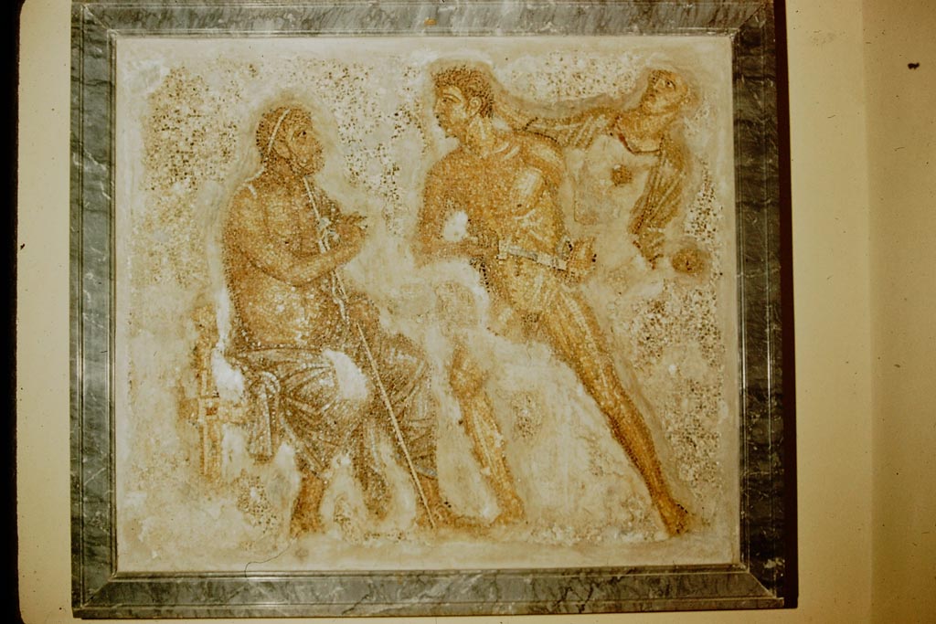 VI.7.23 Pompeii. Mosaic of Achilles confronting Agamemnon from south side of garden portico. 
Now in Naples Archaeological Museum. Inventory number 10006.  Photo taken by Stanley A. Jashemski in 1957.
Source: The Wilhelmina and Stanley A. Jashemski archive in the University of Maryland Library, Special Collections (See collection page) and made available under the Creative Commons Attribution-Non Commercial License v.4. See Licence and use details.
J57f0542
