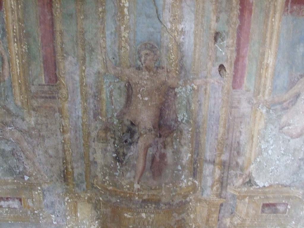 VI.7.23 Pompeii. December 2006. Cubiculum. West alcove, west wall. 
According to Caso, this is Apollo-Phoebus or Libero- Bacchus-Sole.
According to E. Winsor Leach this is Apollo in throne room of the palace of the sun.
See Caso L., in Rivista di Studi Pompeiani III, 1989, p. 112.
