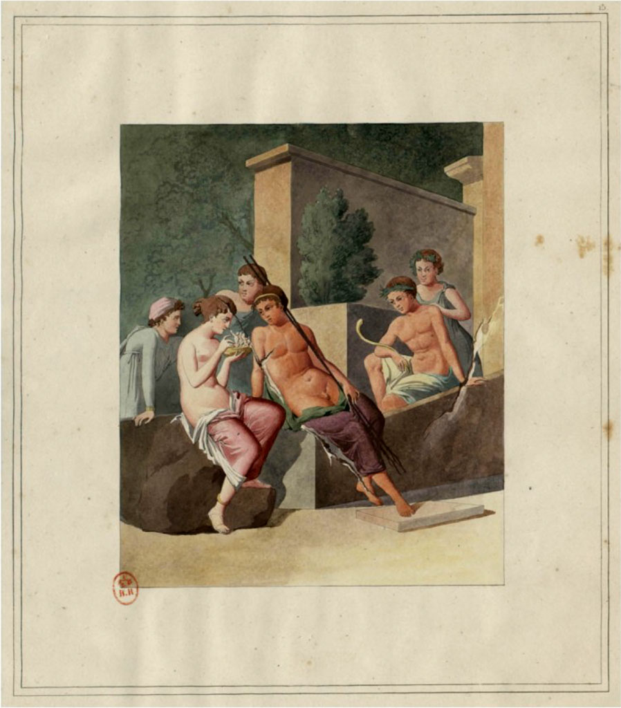 VI.8.3 Pompeii. From an album by Roberto Rive dated 1868. 
Room 12, detail of painting of Venus giving some Cupids to Adonis, from centre of north wall.
Photo courtesy of Rick Bauer. 
