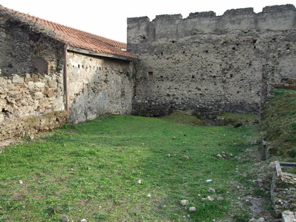 VI.9.1 Pompeii. December 2007. Looking south.
According to Jashemski, this area was the site of the spacious L-shaped garden of the Hospitium, room 18. It was excavated in 1830. On the west side of the garden was an exceptionally large triclinium, room 15, with windows onto the garden area. Remains of the wall with windows can be seen on the right of the photo.
See Jashemski, W. F., 1993. The Gardens of Pompeii, Volume II: Appendices. New York: Caratzas. (p.137)
According to Warscher, quoting Minervini in Bull. Napol. 1843, p.69, she described  
The open space of which we have already spoken, and to which one exits from the last described cubiculum, was perhaps used as a garden,  and onto which opened three large windows, one of which was from the already described cubiculum, and two were in the walls of the big room, (the large triclinium) as we have said, to the right of the atrium.  A masonry channel collected water that fell from the roof and carried it into a cistern, of which one could see the double mouth. Also in the wall in front of this garden were more windows intended to give light to a workshop at the back of the garden, of this same, we must investigate further.  Behind the already described channel was a spacious room in which we could see other cistern openings, however with whitewashed masonry and a black zoccolo. This room certainly supported the roof slope towards that channel: this room communicated with the atrium, and also had a doorway, which now could be seen walled up, with another room ... ...
See Warscher, T, 1938: Codex Topographicus Pompejanus, Regio VI, insula 9: Pars prima, (see photographs nos: 21, 22 and 23), Rome, DAIR, whose copyright they remain.  
