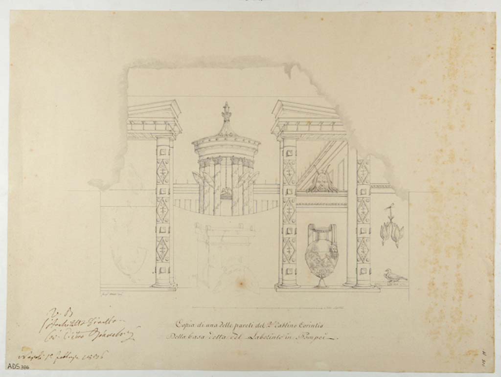 VI.11.10 Pompeii. Drawing by Giuseppe Abbate showing decoration of II Style wall from Corinthian Oecus. Some features are incomplete.
Now in Naples Archaeological Museum. Inventory number ADS 386.
Photo © ICCD. http://www.catalogo.beniculturali.it
Utilizzabili alle condizioni della licenza Attribuzione - Non commerciale - Condividi allo stesso modo 2.5 Italia (CC BY-NC-SA 2.5 IT)
