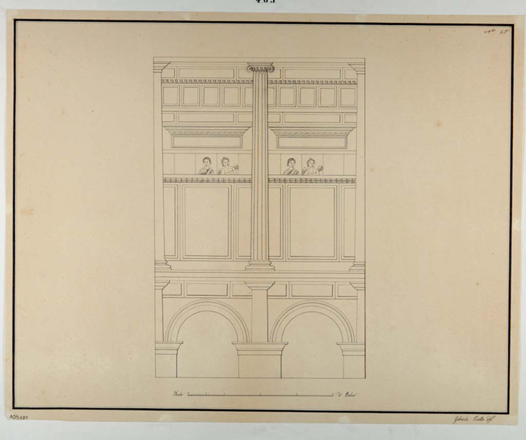 VI.11.10 Pompeii. Drawing by Gabriele Cirillo of decorative scheme of wall of alcove in cubiculum/bedroom 46.
Now in Naples Archaeological Museum. Inventory number ADS 387.
Photo © ICCD. https://www.catalogo.beniculturali.it
Utilizzabili alle condizioni della licenza Attribuzione - Non commerciale - Condividi allo stesso modo 2.5 Italia (CC BY-NC-SA 2.5 IT)

Photo © ICCD. http://www.catalogo.beniculturali.it
Utilizzabili alle condizioni della licenza Attribuzione - Non commerciale - Condividi allo stesso modo 2.5 Italia (CC BY-NC-SA 2.5 IT)
