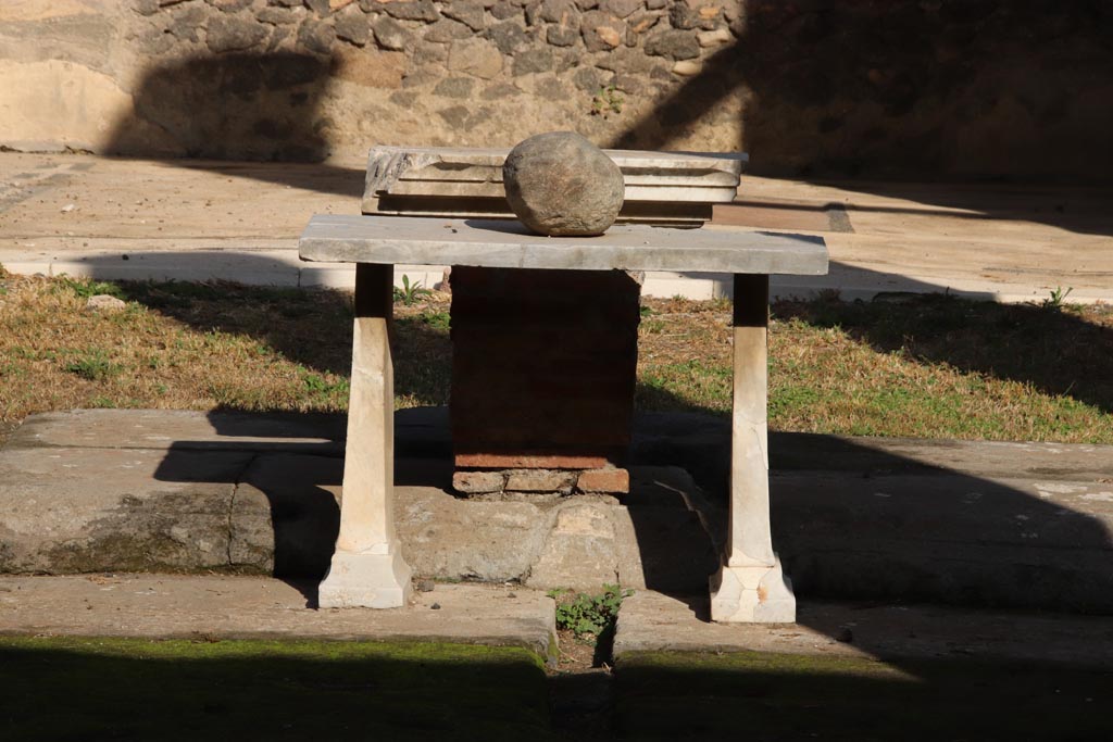 VI.11.10 Pompeii. October 2023. 
Looking north from entrance doorway across impluvium in atrium towards marble table. Photo courtesy of Klaus Heese.
