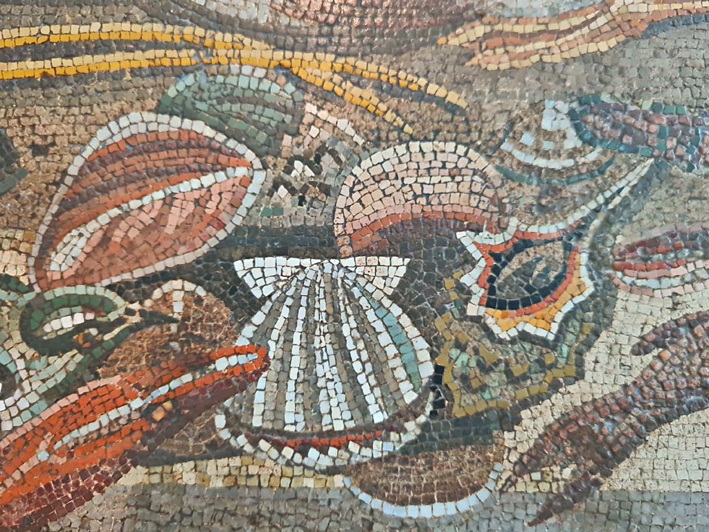 VI.12.2 Pompeii. September 2024. Detail from original mosaic emblema found 1st December 1830 in ala 30 on east side of atrium.
Now in Naples Archaeological Museum. Inventory number 9993. Photo courtesy of Giuseppe Ciaramella.