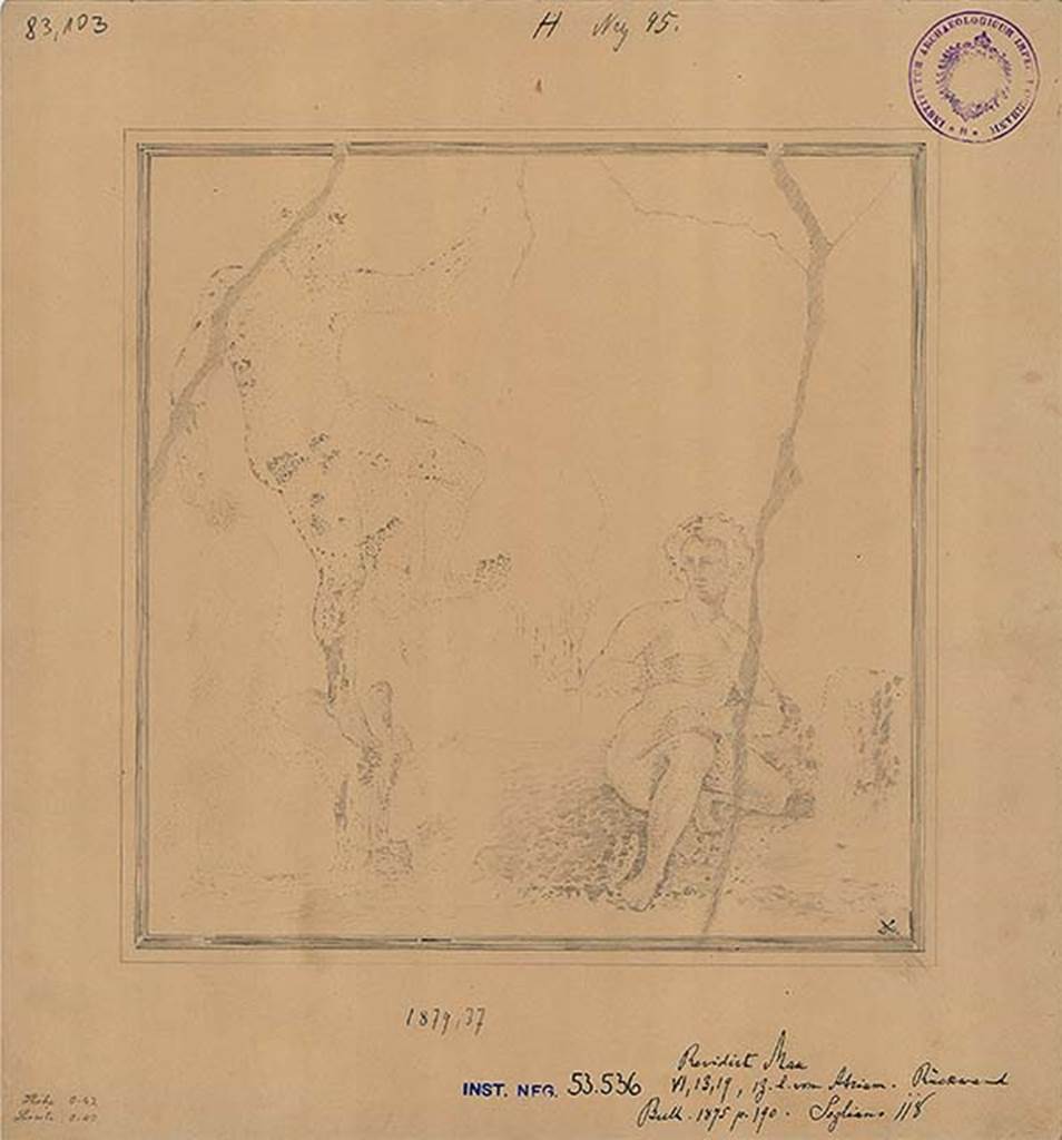 VI.13.19 Pompeii. Triclinium on north side of atrium, north wall, centre part.
1879 drawing by A. Sikkard of the painting of Acteon surprising Artemis while the goddess is bathing.
DAIR 53.536. Photo © Deutsches Archäologisches Institut, Abteilung Rom, Arkiv.
See http://arachne.uni-koeln.de/books/archive/A-VII-32/100
