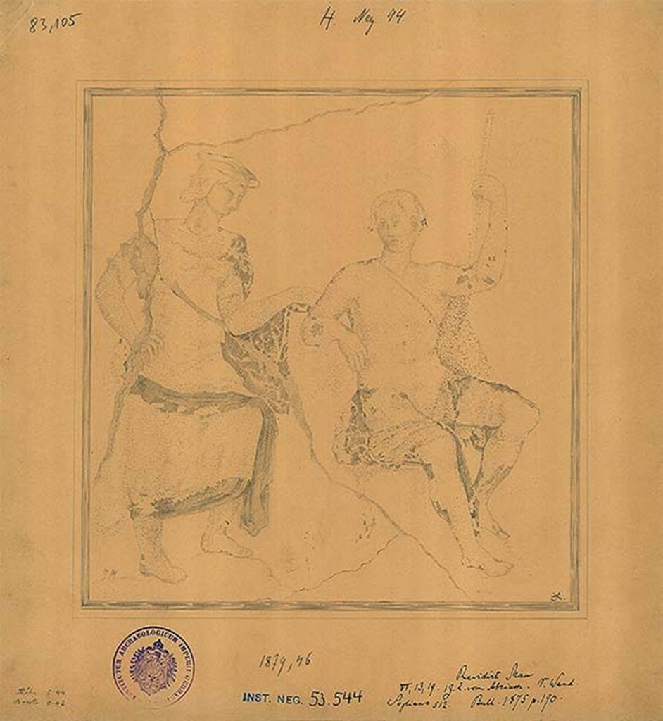 VI.13.19 Pompeii. Triclinium on north side of atrium, west wall.
1879 drawing by A. Sikkard of the painting of Atalanta (standing) and Meleager (seated).
DAIR 53.544. Photo © Deutsches Archäologisches Institut, Abteilung Rom, Arkiv.
See http://arachne.uni-koeln.de/books/archive/A-VII-32/102