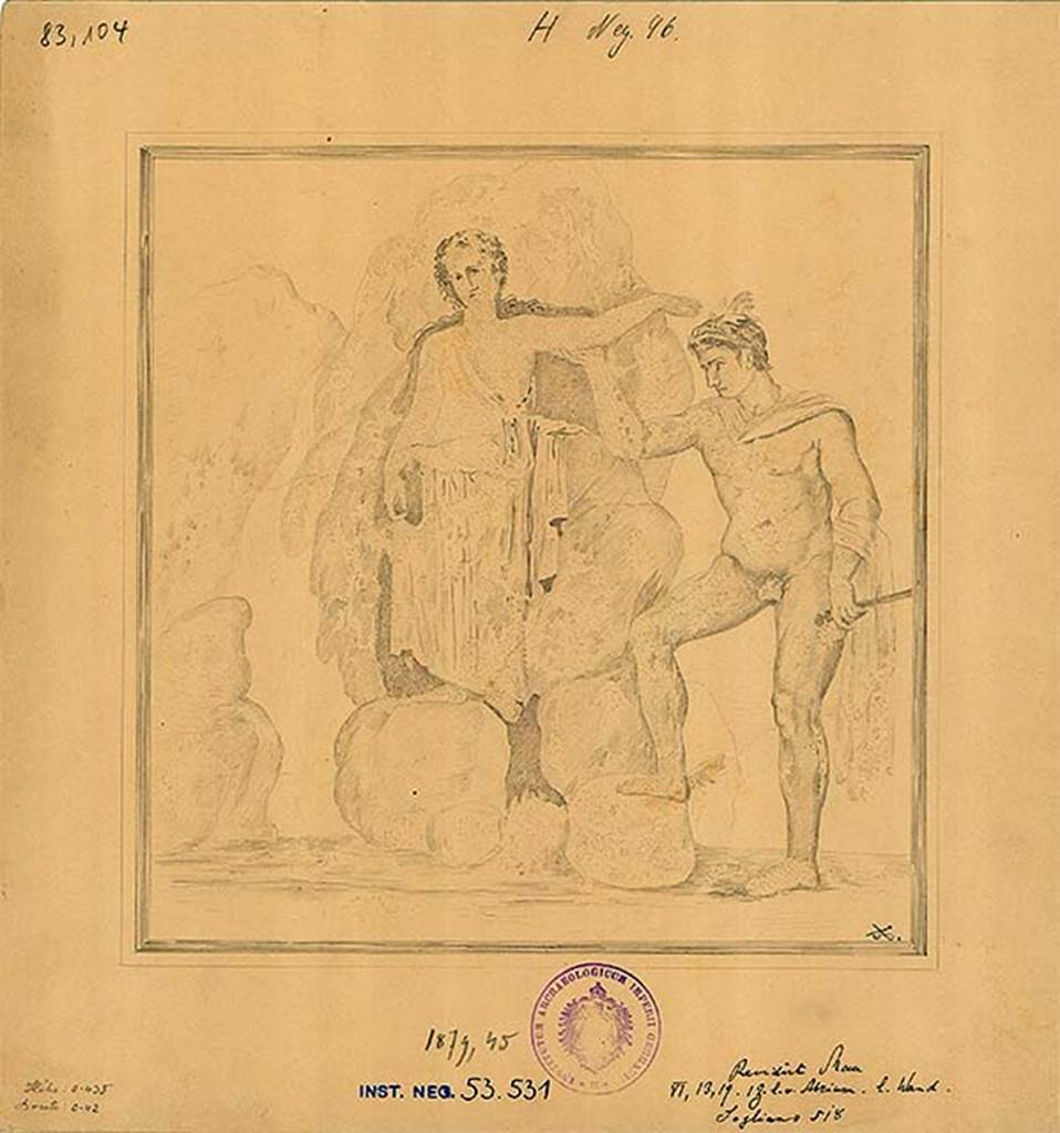 VI.13.19 Pompeii. Triclinium on north side of atrium, east wall.
1879 drawing by A. Sikkard of the painting of Perseus and Andromeda.
DAIR 53.531. Photo © Deutsches Archäologisches Institut, Abteilung Rom, Arkiv.
See http://arachne.uni-koeln.de/books/archive/A-VII-32/100