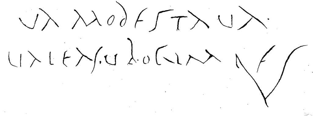 VI.13.19 Pompeii. Drawing of graffito from room on north side of corridor/fauces.
According to Presuhn,
Dans le corridor (fauces), s'ouvre une autre chambre, sur le mur blanc de laquelle (c) nous avons
copié ce joli salut à une jeune fille :
VA(LE) MODESTA, VA(LE). VALEAS VBICUMQ(V)E (E)S.
« Salut, Modesta, salut : sois heureuse, où que tu sois. »
See Presuhn, E. Pompei les dernieres fouilles de 1874-75, section VI, page 6, plate VII.
Translation :
In the corridor (fauces), opens another chamber, on the white wall of which (c) we have
Copied this nice greeting to a young girl:
VA(LE) MODESTA, VA(LE). VALEAS VBICUMQ(V)E (E)S.
"Hi, Modesta, hello: Be happy, wherever you are."