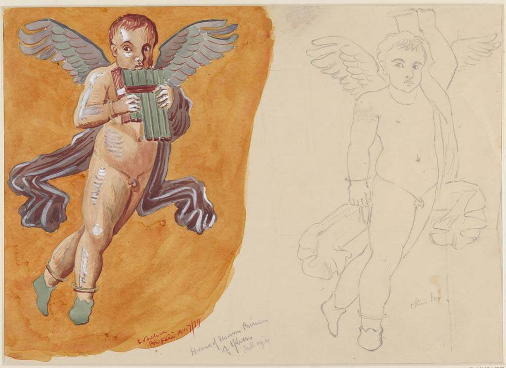 VI.14.20 Pompeii. 7th March 1879. Room 13. Painting by Sydney Vacher of cupid with pan pipes from west wall and drawing of cupid from south wall.
Photo  Victoria and Albert Museum, inventory number E.4413-1910. 
