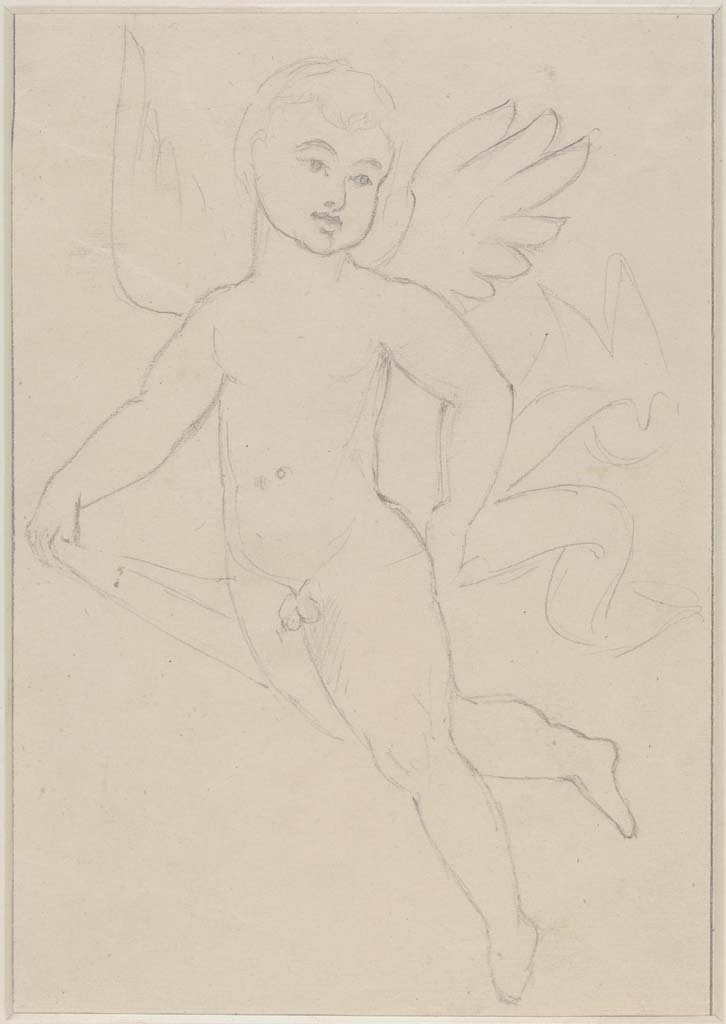 VI.14.20 Pompeii. Undated sketch/drawing of cupid by Sydney Vacher. 
(Note: this may or may not have come from the same room 13, as the above one, or not even from this house !)
Photo  Victoria and Albert Museum, inventory number E.4416-1910.
