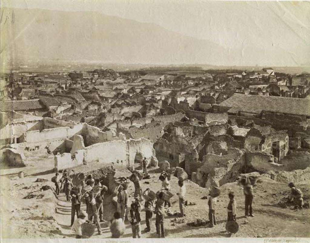 VI.15.19 Pompeii. Late 19th Century. Photo looking across the upper levels above area of VI.15.19/20/21, looking south-west towards north end of VI.11, and across to long restored roof of 6.9.2 (rear), on right. Photo courtesy of Rick Bauer.