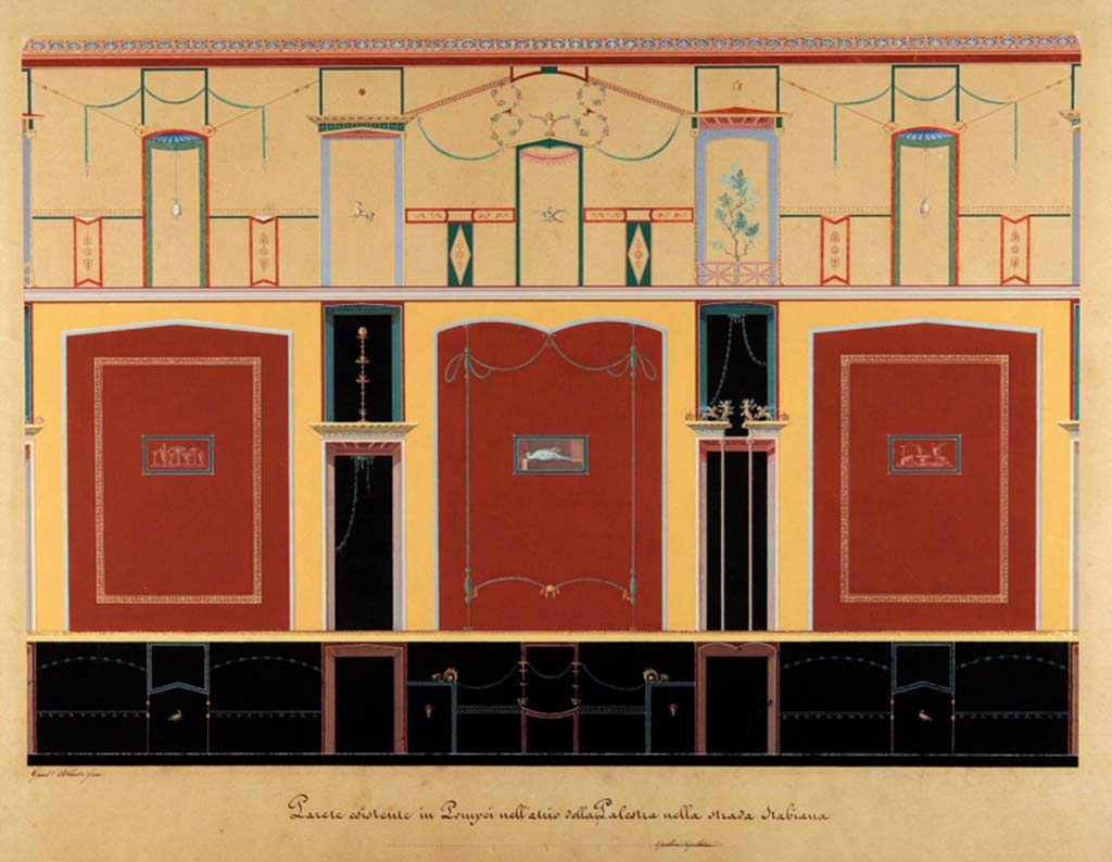 VII.1.8 Pompeii. Watercolour by Giuseppe Abbate, showing a stretch of the east wall of the east portico. 
Now in Naples Archaeological Museum. Inventory number ADS 459.
Photo © ICCD. http://www.catalogo.beniculturali.it
Utilizzabili alle condizioni della licenza Attribuzione - Non commerciale - Condividi allo stesso modo 2.5 Italia (CC BY-NC-SA 2.5 IT)
