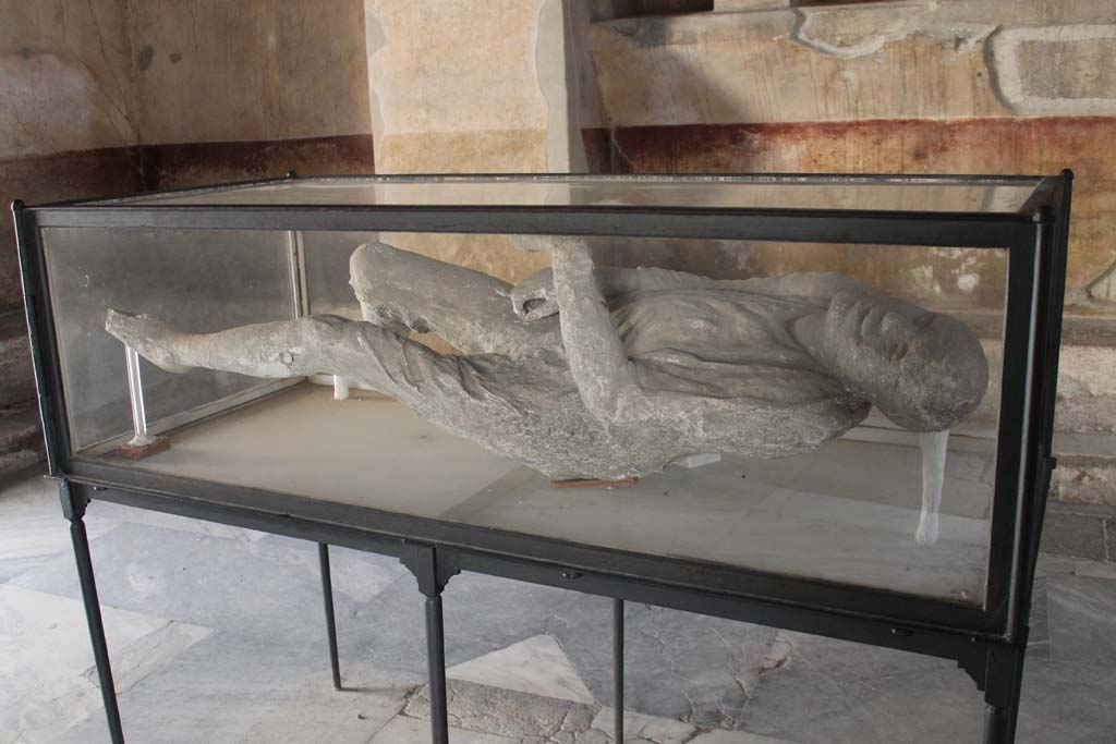 VII.1.8 Pompeii. March 2014. Plaster cast of body, on display in men’s changing room 2.
Foto Annette Haug, ERC Grant 681269 DÉCOR
