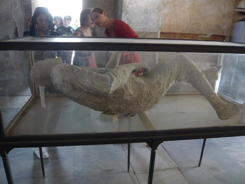 VII.1.8 Pompeii. May 2012. Rear of plaster cast of body, on display in men’s changing room 2. 
Photo courtesy of Buzz Ferebee.

