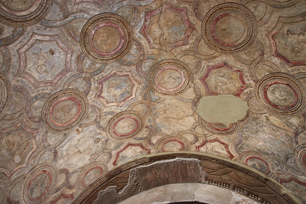 VII.1.8 Pompeii. October 2024. Looking east across stucco ceiling in vestibule 1. Photo courtesy of Klaus Heese.