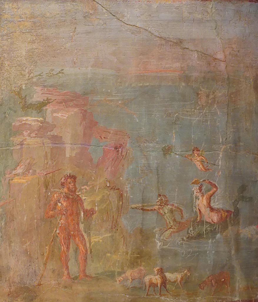 VII.4.31/51 Pompeii. Room 22, west wall.
The central wall painting was a mythological landscape showing Polyphemus, looking out to sea at his beloved Galatea.
Now in Naples Museum. Inventory number 8886.
Our thanks to Rachel Lowder for helping with this.