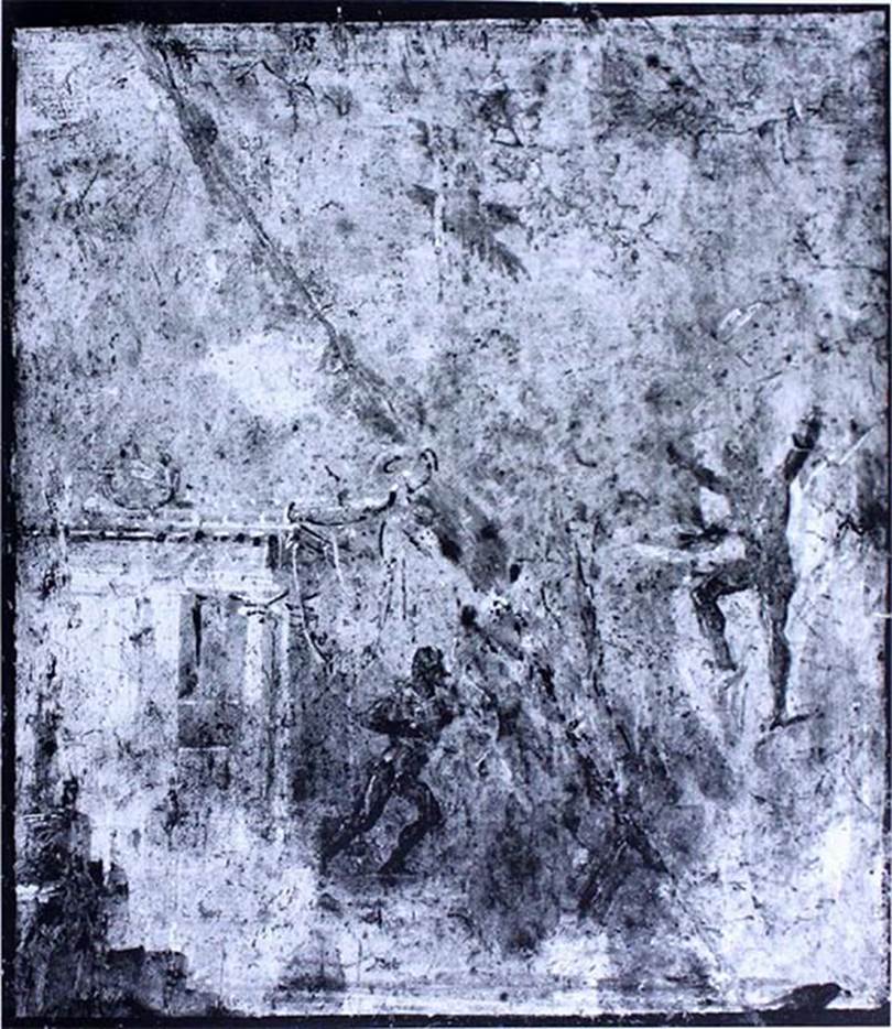 VII.4.31/51 Pompeii. Room 22, east wall.
The central wall painting was a mythological landscape showing Hercules rescuing Prometheus.
Now in Naples Museum. Inventory number 8849?
