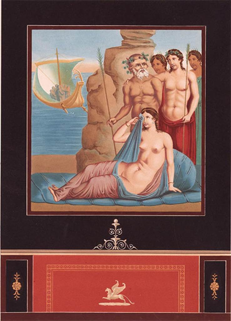 VII.4.31/51 Pompeii. Room 24, east wall. 1846 copy of painting of Ariadne on Naxos.
See Raoul-Rochette M., 1846. Choix de Peintures de Pompei. Paris: L’Imprimerie Royale, Pl. 6.