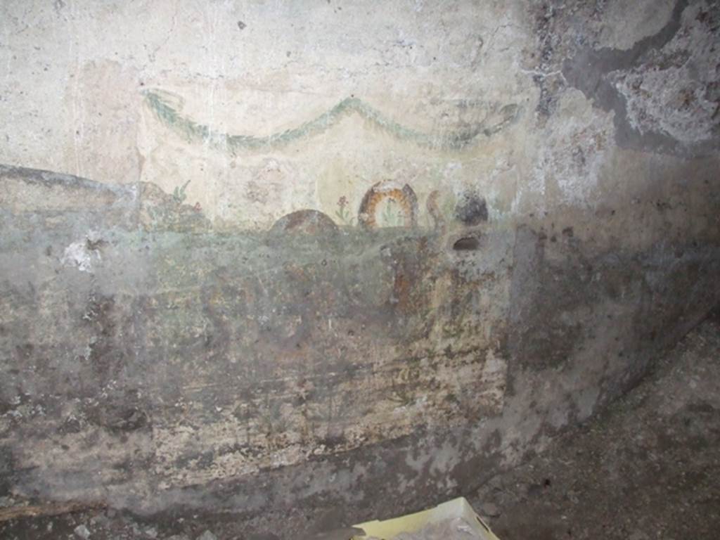 VII.4.31/51 Pompeii. March 2009. Room 27, east wall of cellar. Lararium painting, small niche, garland and serpent.
According to Fröhlich this had a few defects, moderately faded in places, very dirty in the lower part.
There was a white painted wall surface with sacrificial plate.
A big snake moves slightly ascending to the right.
In the oblong hole under the head of the serpent destroyed today, a wooden sacrificial plate was certainly attached.
The picture background is filled with small perennial plants and oleander-like shrubs, both with red flowers.
At the upper edge two garlands are painted, over whose three attachment points in each case remnants of nails stuck in the wall, which apparently served for the attachment of real garlands.
See Fröhlich, T., 1991. Lararien und Fassadenbilder in den Vesuvstädten. Mainz: von Zabern, L86, p. 287.
See Boyce G. K., 1937. Corpus of the Lararia of Pompeii. Rome: MAAR 14, p. 66.