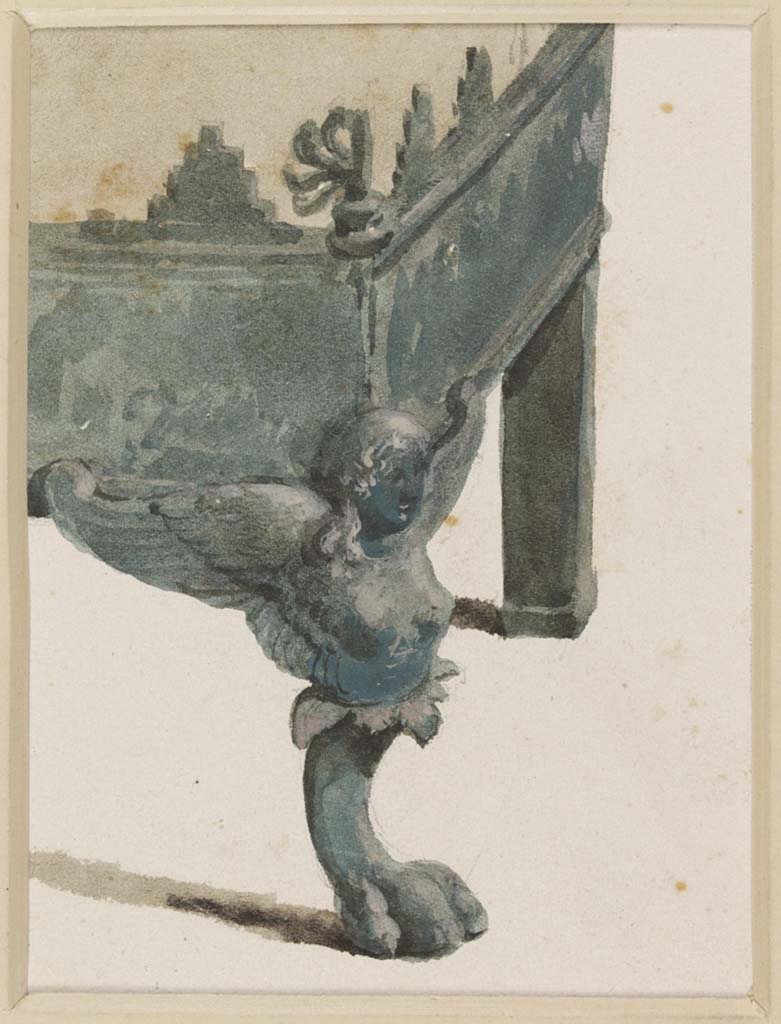 VII.5.24 Pompeii. 
Undated watercolour by Luigi Bazzani, detail of winged figure decorating the foot of bronze brazier (38) in tepidarium (37).
Photo © Victoria and Albert Museum. Inventory number 2052-1900.
