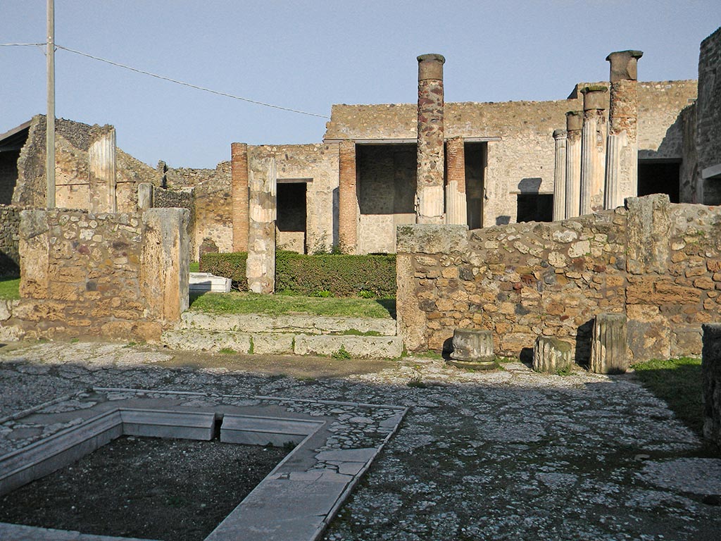 VII.7.5 Pompeii. 2013.
Looking north-west across atrium (b) and peristyle (l) to cubiculum (x) and oecus (u). Photo courtesy of Davide Peluso.