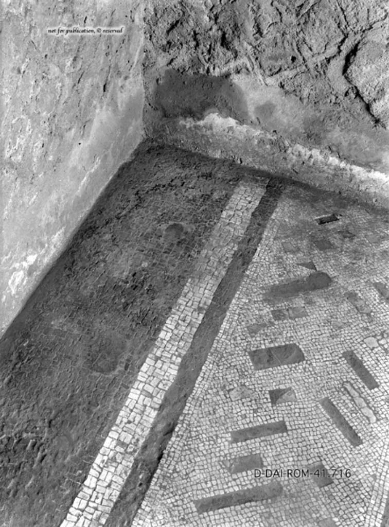 VII.7.5 Pompeii. c.1930. Detail of flooring in room g, the central room on east side of atrium.
DAIR 41.716. Photo © Deutsches Archäologisches Institut, Abteilung Rom, Arkiv.
See Pernice, E. 1938. Pavimente und Figürliche Mosaiken: Die Hellenistische Kunst in Pompeji, Band VI. Berlin: de Gruyter, (tav. 37.1, above.)
