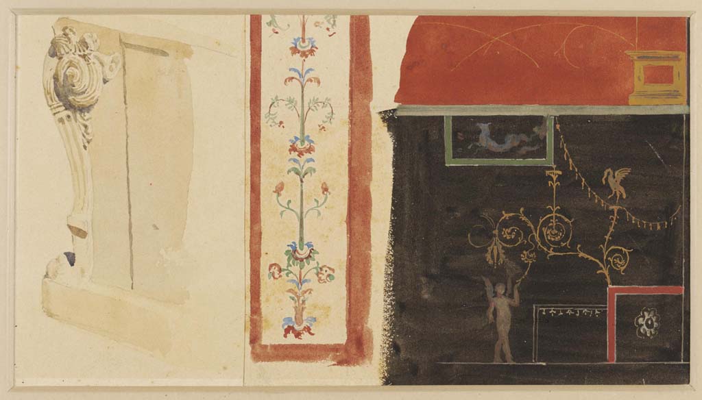 VII.7.5 Pompeii. Undated watercolour by Luigi Bazzani.
The black zoccolo, on the right, may be from a wall in the atrium (see similarity with photo above).
The other paintings may or may not be from this house !
Photo © Victoria and Albert Museum. Inventory number 2043-1900.
