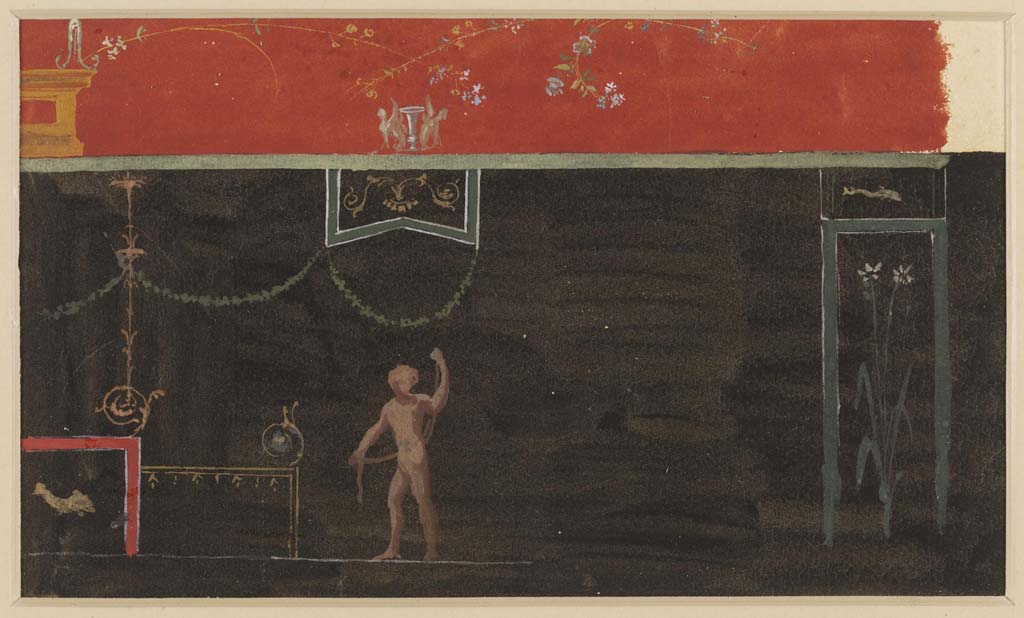 VII.7.5 Pompeii. Undated watercolour by Luigi Bazzani.
This painting of a black zoccolo may or may not also be from a wall in the atrium.
Photo © Victoria and Albert Museum. Inventory number 2038-1900.