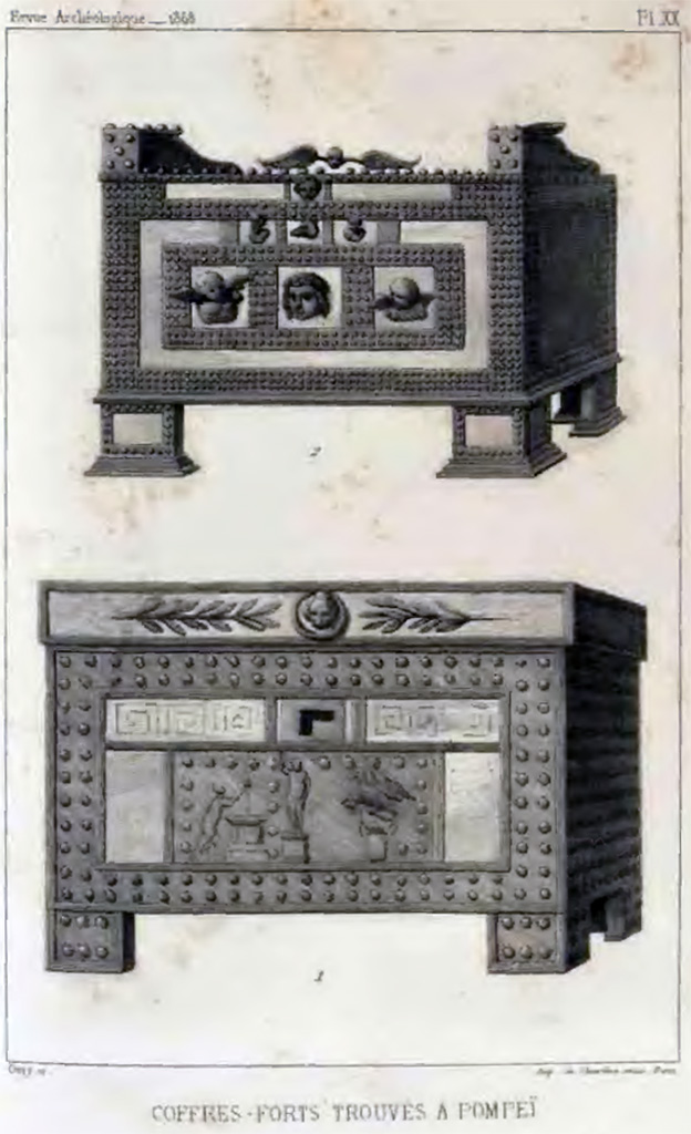 VII.7.5 Pompeii. Drawing of two cash-chests found at Pompeii, and now in Naples Archaeological Museum.
According to de Longpérier –
“The lower cash-chest was found 29th May 1864 in the atrium of a house near the Temple of Venus, facing the Basilica.
The drawing of the top cash-chest was from VII.2.18, and found in the atrium on 22nd May 1867
The lower chest is decorated with a bronze relief representing a sacrifice to Jupiter; behind the figure of the god, we see the eagle holding the thunderbolt in its talons.
Above, there is a band of meanders. The rim of the lid is fitted with a ring and decorated with a lion's head and garlands. The latter is for opening of the lid.
The right-angled lock opening shows us that the chest was closed using one of those strong keys whose very thick bit, lightened by complicated openings, presents this same right-angle shape, abandoned quite early.”
See H. de Longpérier, Recherches sur les insignes de la questure et sur les récipients monétaires, RA n.s.18. Paris 1868, 58–72, p. 171, Pl. XX.
See https://archive.org/details/in.gov.ignca.25639/page/n5/mode/2up