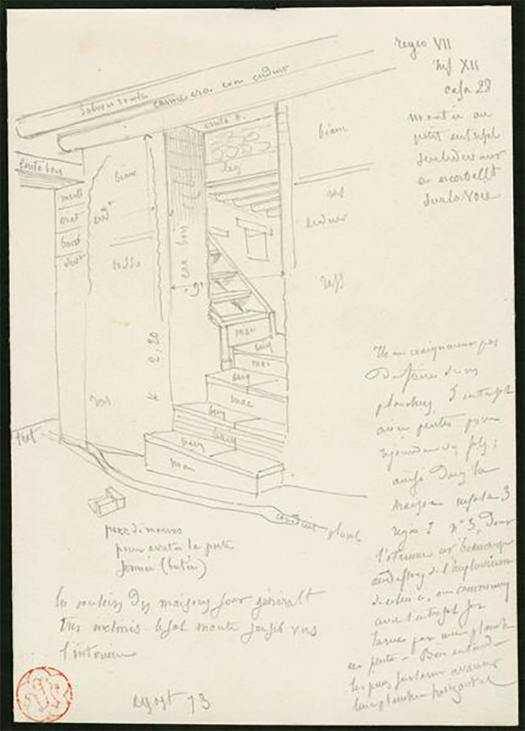 VII.12.28 Pompeii. 1836-7 drawing by Eugène Viollet-le-Duc "Escalier et détails de construction de la Casa 28".
There are what appear to be later notes on the drawing as the numbering VII.2.28 was not instituted until 30 years later.
Photo Ministère de la Culture (France), Médiathèque de l'architecture et du patrimoine, diffusion RMN-GP. Référence : AP03R00470
