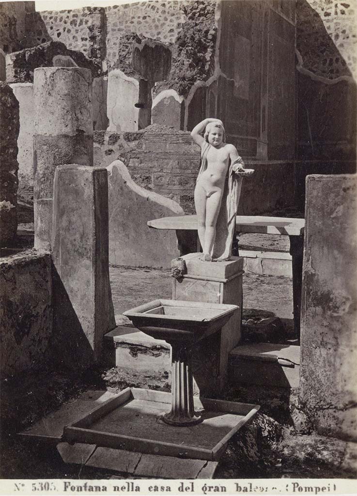 VII.12.28 Pompeii. Looking north towards fountain and statue in Viridarium. 
19th century album photo by G. Sommer, no. 5305.
