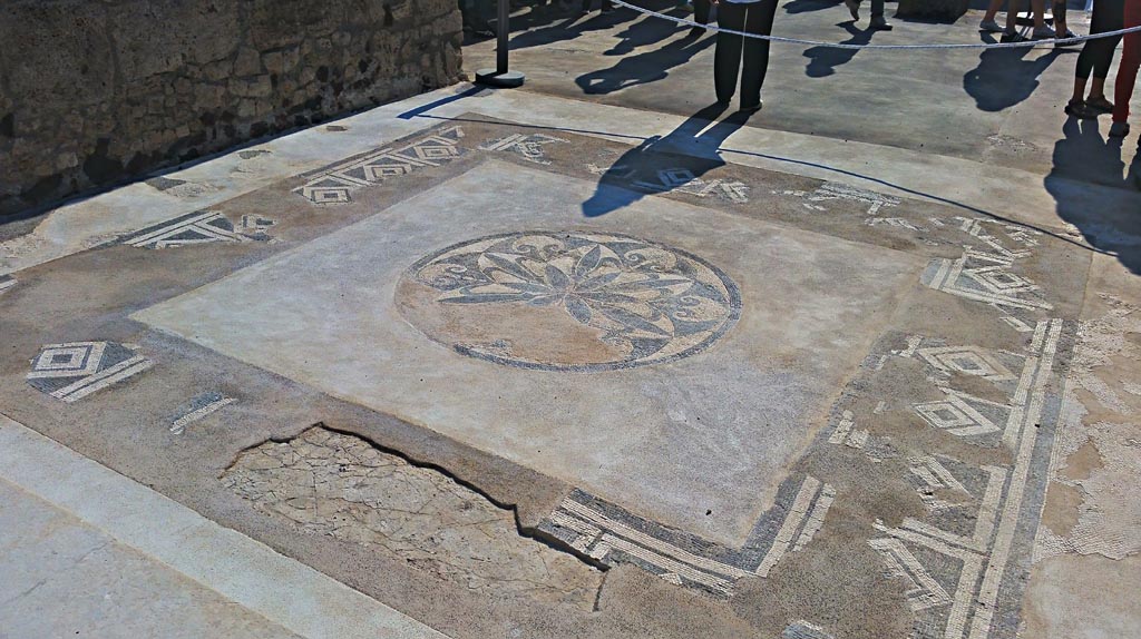 VII.15.2 Pompeii. 2017/2018/2019.
Looking south across tablinum towards atrium, mosaic flooring with central emblema. Photo courtesy of Giuseppe Ciaramella.