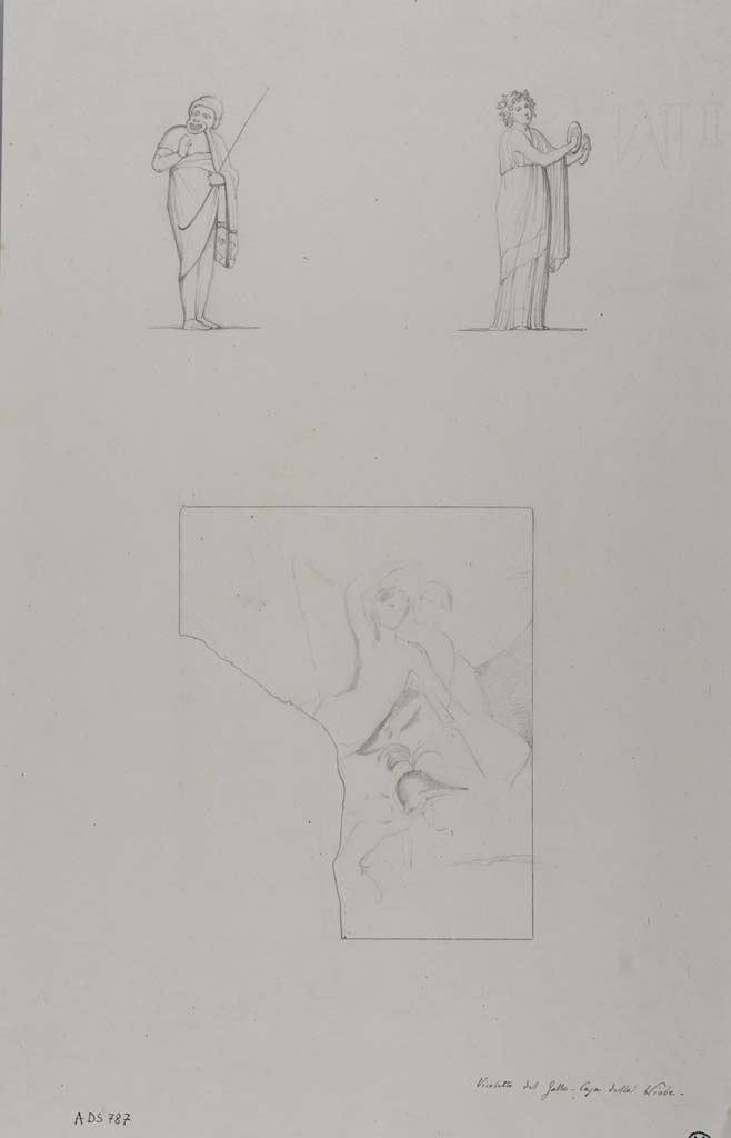 VII.15.2 Pompeii. Drawings by Geremia Discanno, of paintings seen in triclinium on east side of tablinum.
Top, figure of left, from oecus on west side of tablinum.
Top, female figure on right, from one of the walls of triclinium on east side of tablinum.
Lower, fragment of painting of Mars and Venus, from one of the walls of triclinium on east side of tablinum.
Sogliano described this painting as “very faded and destroyed on the left side”.
See Sogliano, A., 1879. Le pitture murali campane scoverte negli anni 1867-79. Napoli: Giannini, p.34, no.137.
See Bullettino dell’Instituto di Corrispondenza Archeologica (DAIR), 1872, p.239,
See Fiorelli, Scav.di Pompei, p.116, n.100, and Descrizione Pompei, p.306.
Now in Naples Archaeological Museum. Inventory number ADS 787.
Photo © ICCD. http://www.catalogo.beniculturali.it
Utilizzabili alle condizioni della licenza Attribuzione - Non commerciale - Condividi allo stesso modo 2.5 Italia (CC BY-NC-SA 2.5 IT)