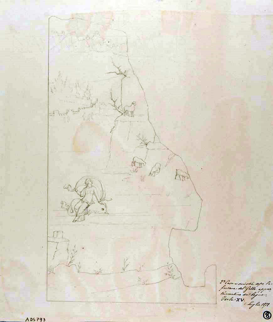 VII.15.2 Pompeii. 1871? Drawing by Geremia Discanno, of fragment of painting of Galatea on a dolphin (nothing remains of the figure of Polyphemus) from west wall.
Sogliano described the painting as “destroyed on the right side”.
See Sogliano, A., 1879. Le pitture murali campane scoverte negli anni 1867-79. Napoli: Giannini, p.78, no.470.
Now in Naples Archaeological Museum. Inventory number ADS 793.
Photo © ICCD. http://www.catalogo.beniculturali.it
Utilizzabili alle condizioni della licenza Attribuzione - Non commerciale - Condividi allo stesso modo 2.5 Italia (CC BY-NC-SA 2.5 IT)