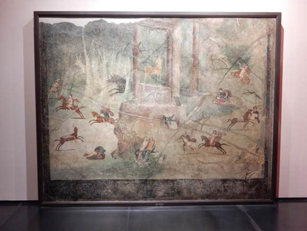 VII.15.2 Pompeii. May 2018. Slaughter of the Niobids from north wall of apodyterium/exedra. Photo courtesy of Buzz Ferebee.
Now in Naples Archaeological Museum. Inventory number 111479.