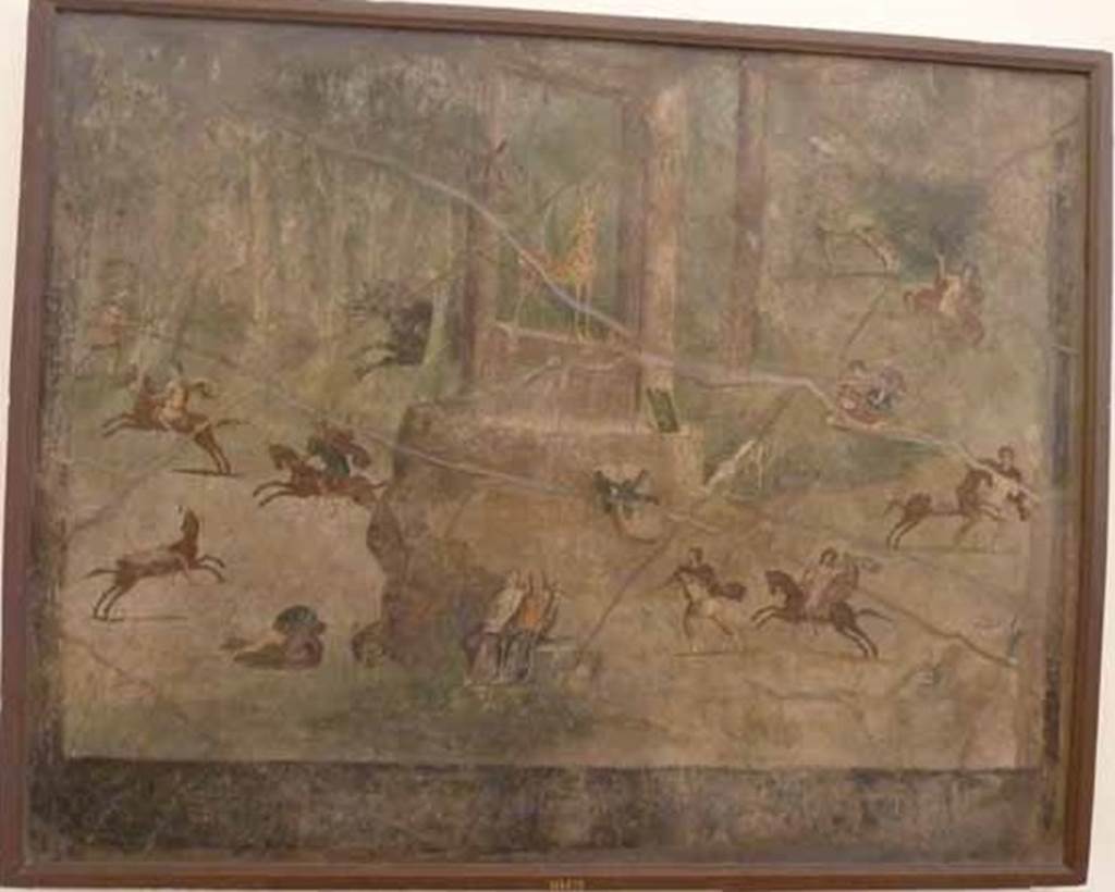 VII.15.2 Pompeii. May 2010. Slaughter of the Niobids from north wall of apodyterium. Apollo and his sister Artemis kill the children of Amphion and Niobe with poison arrows. This is in revenge for Niobe boasting that she had more children than their mother Latona. Now in Naples Archaeological Museum. Inventory number 111479.
See Bragantini, I and Sampaolo, V., Eds, 2009. La Pittura Pompeiana. Verona: Electa. (p. 270, Fig 115)