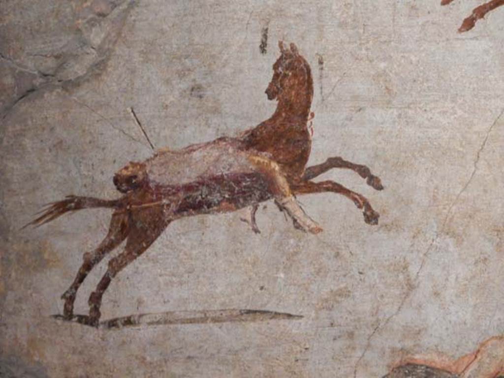VII.15.2 Pompeii. May 2018. Detail from Slaughter of the Niobids from north wall of apodyterium/exedra.
The children of Niobe are killed with poisoned arrows. Photo courtesy of Buzz Ferebee.
Now in Naples Archaeological Museum. Inventory number 111479.
