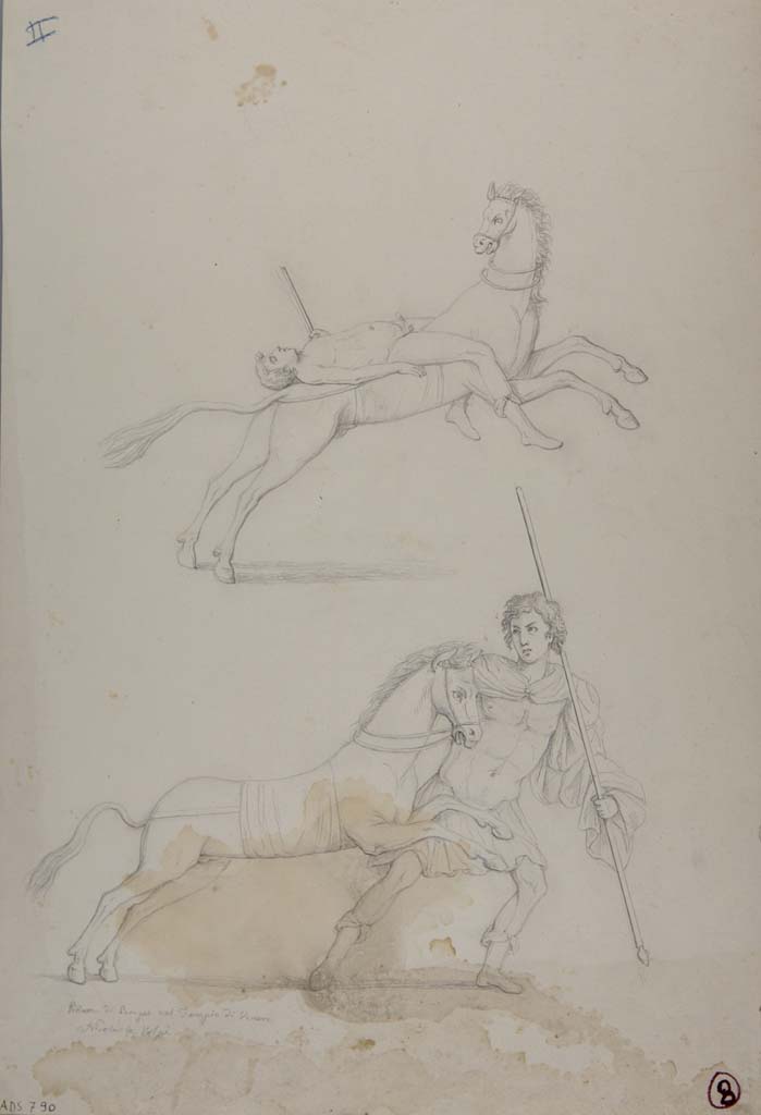 VII.15.2 Pompeii. Drawing by Nicola La Volpe, of detail from painting of Slaughter of the Niobids from north wall of apodyterium/exedra.
Now in Naples Archaeological Museum. Inventory number ADS 790.
Photo © ICCD. http://www.catalogo.beniculturali.it
Utilizzabili alle condizioni della licenza Attribuzione - Non commerciale - Condividi allo stesso modo 2.5 Italia (CC BY-NC-SA 2.5 IT)