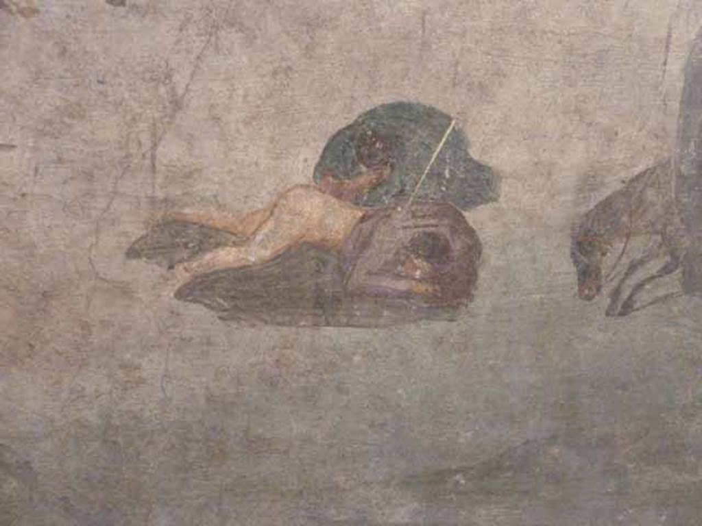 VII.15.2 Pompeii. May 2010. Detail from Slaughter of the Niobids from north wall of apodyterium. The children of Niobe are killed with poisoned arrows. Now in Naples Archaeological Museum. Inventory number 111479. See Bragantini, I and Sampaolo, V., Eds, 2009. La Pittura Pompeiana. Verona: Electa. (p. 270, Fig 115)